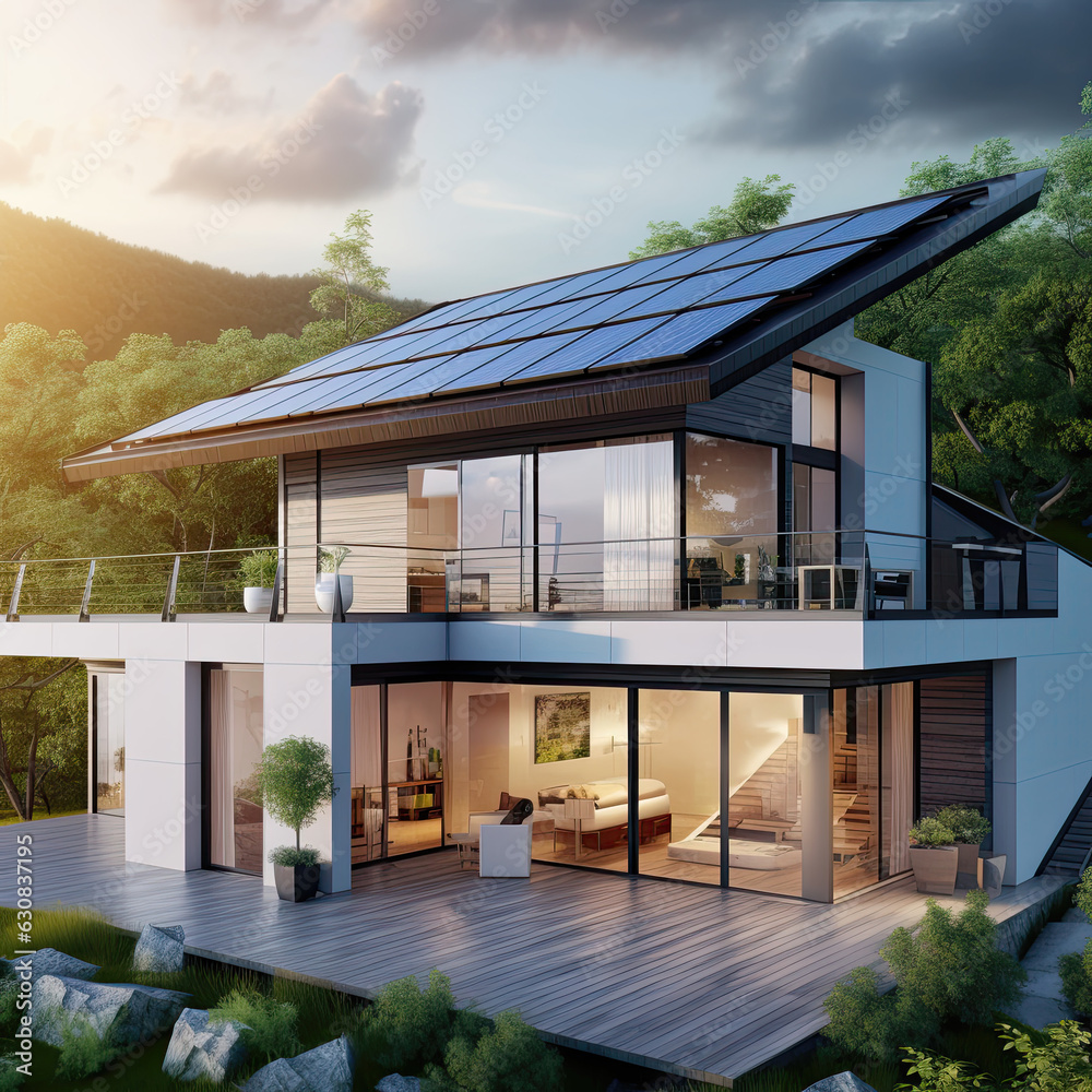 AI Generated, House with solar panels on the roof. Sustainable and clean energy at home