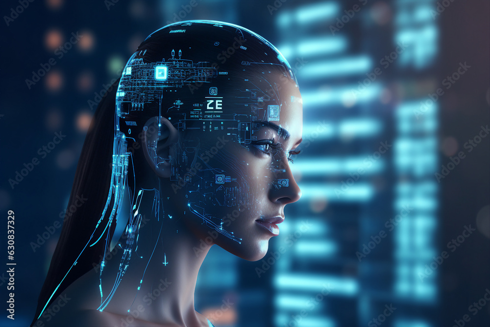 Generative ai collage photo of business lady using modern technology personal information storage in head Generative ai collage photo of business lady using modern technology personal information storage in head