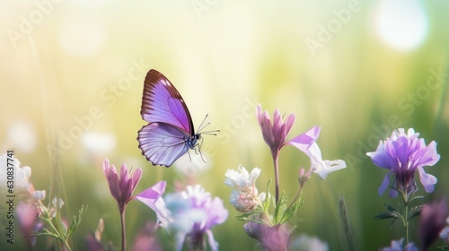 Purple butterfly on wild white violet flowers in grass in rays of sunlight, macro. Spring summer fresh artistic image of beauty morning nature. Selective soft, Generative AI