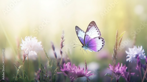 Purple butterfly on wild white violet flowers in grass in rays of sunlight, macro. Spring summer fresh artistic image of beauty morning nature. Selective soft, Generative AI © Richa