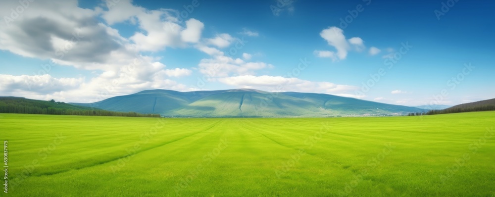 Panoramic natural landscape with green grass field, blue sky with clouds and and mountains in background. Panorama summer spring meadow. Shallow depth, Generative AI