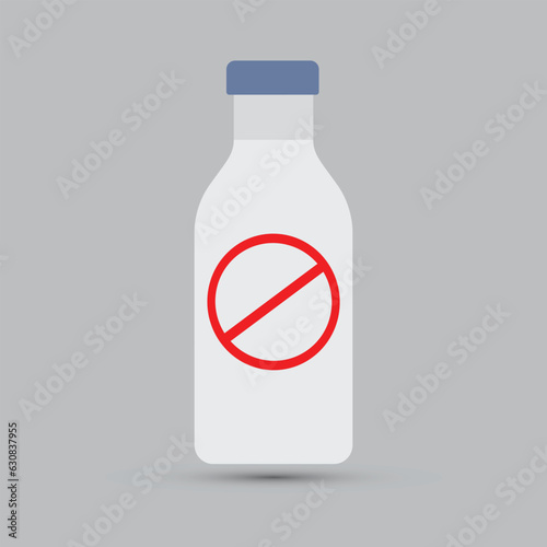 Milk bottle with prohibition sign on it, no milk, lactose free, allergen free concept