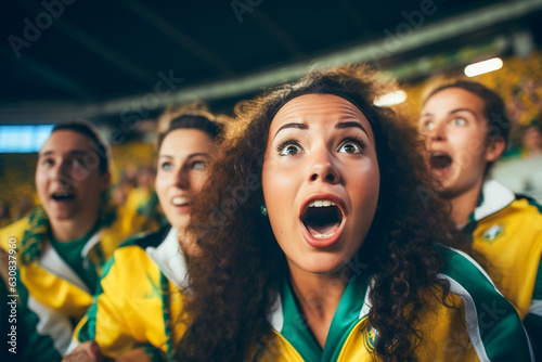 Fãs brasileiras de futebol em um estádio da Copa do Mundo apoiando a seleção nacional
 photo