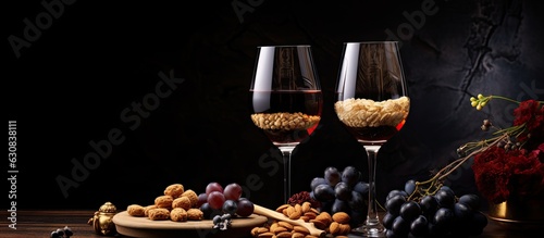Glasses of wine with grapes and corks on a dark background, with room for text.