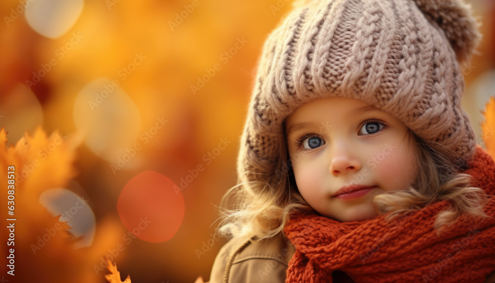 Cute youthful kid playing outdoors in the autumn season. Generative AI illustrations Cute youthful kid playing outdoors in the autumn season. Generative AI illustrations
