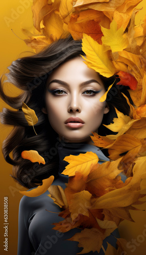 Beatiful female model posing in autumn nature surrounded by maple leaves in the fall. Generative AI illustrations © Polarpx