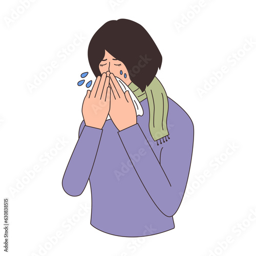 Vector Illustration of a Woman Blowing Her Nose While Suffering from Flu or Cold