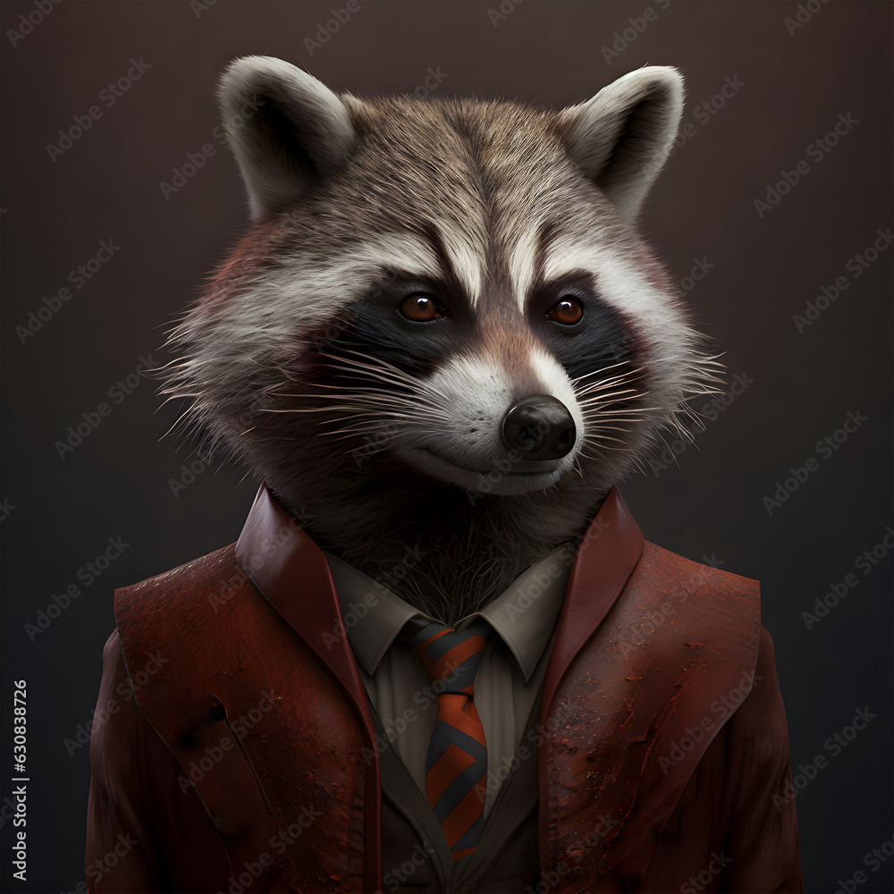 Realistic lifelike raccoon in dapper high end luxury formal suit and shirt, commercial, editorial advertisement, surreal surrealism Realistic lifelike raccoon in dapper high end luxury formal suit and shirt, commercial, editorial advertisement, surreal surrealism