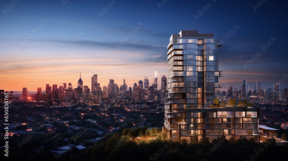 Fototapeta premium Modern high-rise apartment building with an elegant and stylish design.