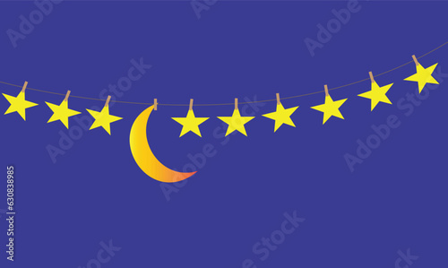 Stars and moon hanging on a rope with clothes pegs