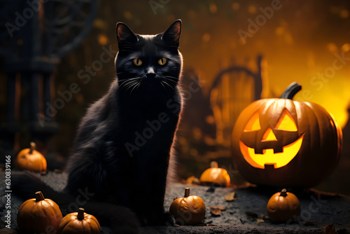 Black cat and carved pumpkin on Halloween, October holiday. Generative AI © valiantsin