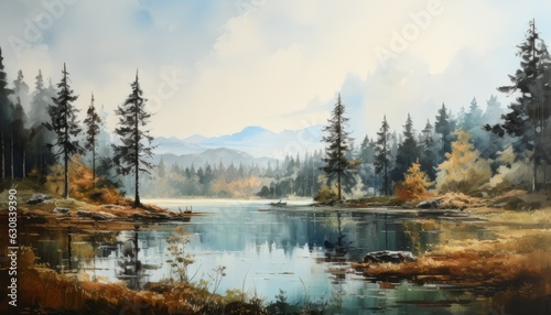 lake in the forest. coniferous trees along the edges of the lake. blue sky. watercolor style. 
