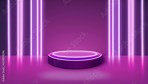 Purple podium neon lights and minimal wall screen pink background. Trendy 3d illustration for the presentation of your products