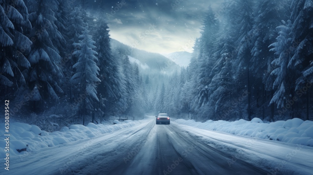 Car driving down a snow-covered road - obrazy, fototapety, plakaty 
