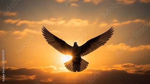 Bird soaring through the sky with the radiant sun as its backdrop © KerXing