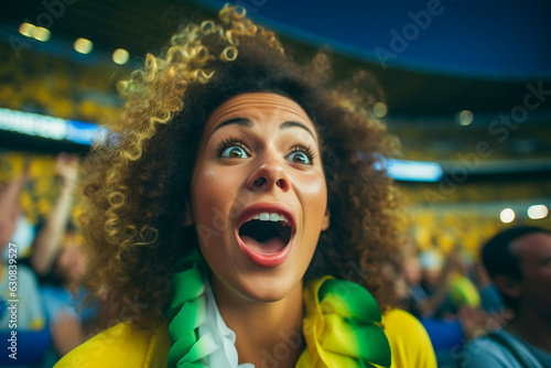 Fãs brasileiras de futebol em um estádio da Copa do Mundo apoiando a seleção nacional
 photo