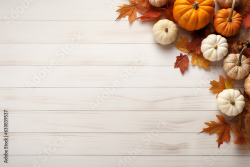 Autumn simple background with a pumpkins and fall leaves. AI generated © tiena