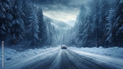 Car driving down a snow-covered road © KerXing