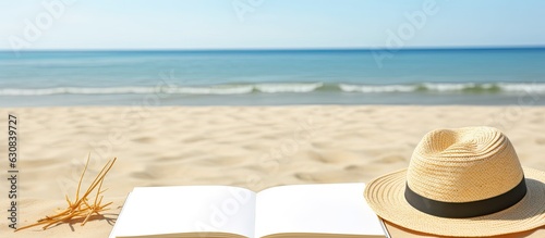 Flat lay of a blank writing book with summer beach accessories in the background, offering ample copy space.