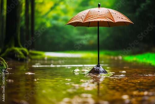 An umbrella wet from the rain stands on a stand in the middle of an autumn park. AI generation.