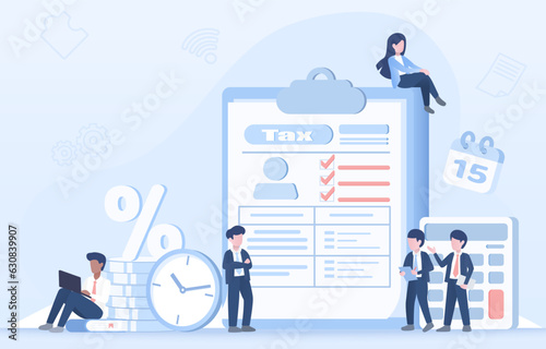 Tax payment, filling form and submit process to government for tax purpose. Accountant calculate revenue, fill out tax forms, manage taxes. Flat vector design illustration.