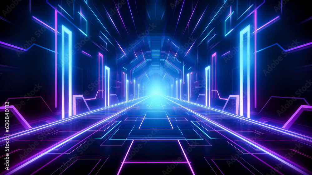 Retro Syntwave background with blue and purple colors, in the style of futuristic settings, neon and fluorescent light, flattened perspective, glowing lights, geomeric shapes.
