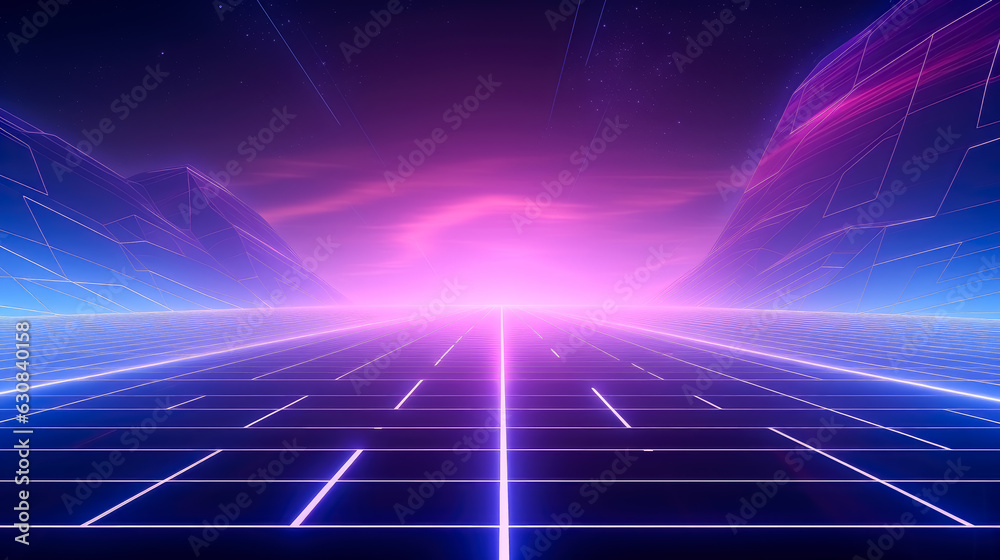 Retro Syntwave background with blue and purple colors, in the style of futuristic settings, neon and fluorescent light, flattened perspective, glowing lights, geomeric shapes.
Retro Syntwave background with blue and purple colors, in the style of futuristic settings, neon and fluorescent light, flattened perspective, glowing lights, geomeric shapes.