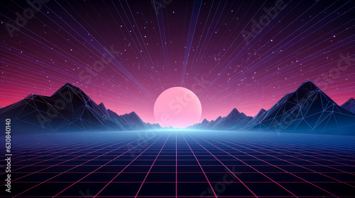 Retro Syntwave background with blue and purple colors, in the style of futuristic settings, neon and fluorescent light, flattened perspective, glowing lights, geomeric shapes. 