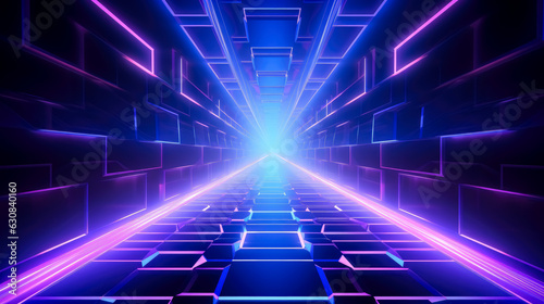 Retro Syntwave background with blue and purple colors, in the style of futuristic settings, neon and fluorescent light, flattened perspective, glowing lights, geomeric shapes. 