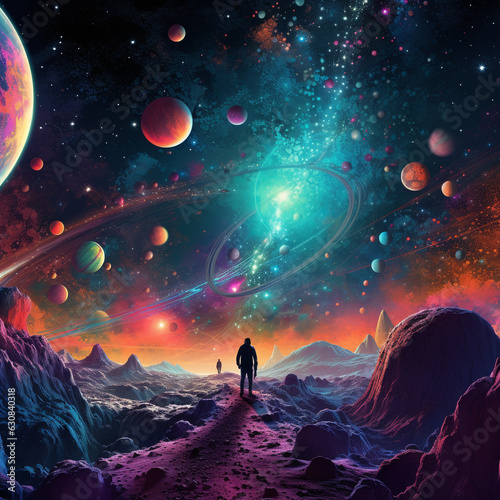 a man standing on a mountain looking at planets