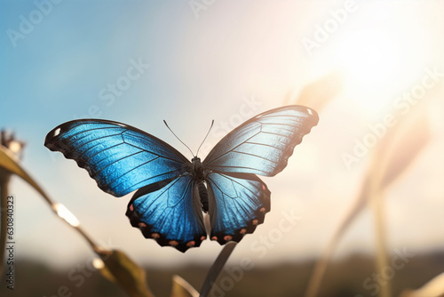 Blue butterfly on a flower in the rays of the setting sun.
