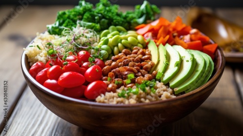 Delicious and healthy rice bowl filled with avocado, tomatoes, beans, and more