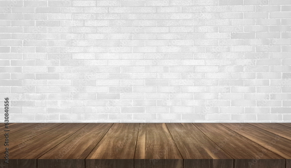 empty wood table with white brick wall background for product placement. brown wooden table at foreground in bright room. rustic wooden table with light from above. empty wood table with white brick wall background for product placement. brown wooden table at foreground in bright room. rustic wooden table with light from above.