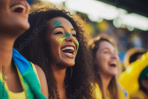 Fãs brasileiras de futebol em um estádio da Copa do Mundo apoiando a seleção nacional 