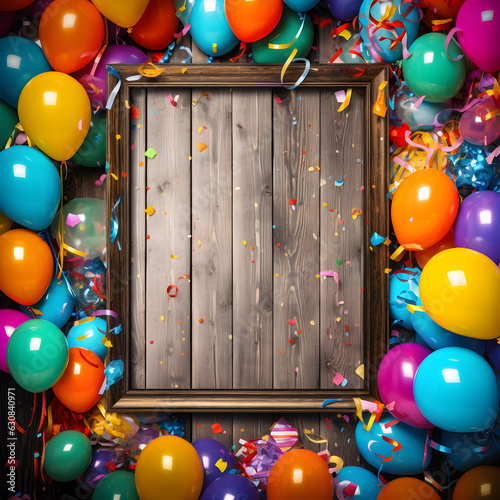 Birthday party design with room for text, colorful balloons on the side, and a wooden middle for customization. Great birthday concept for invitations, menus, and stationery. Generative ai. 