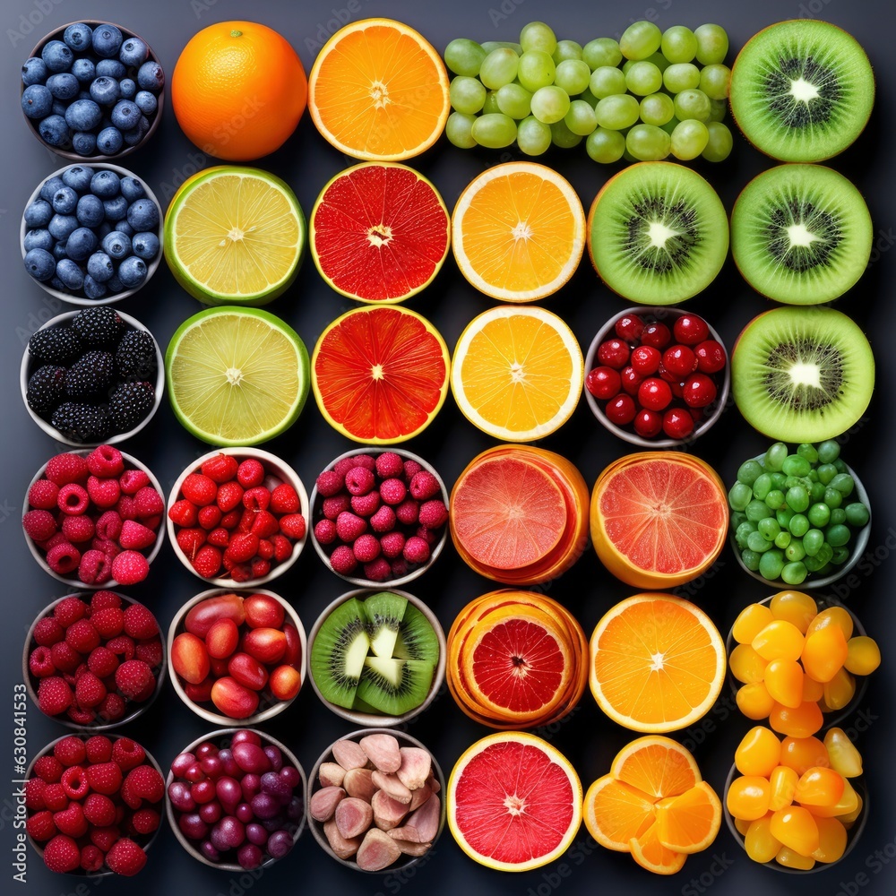 Photo lay flat overhead view of lots of colorful fruits Photo lay flat overhead view of lots of colorful fruits