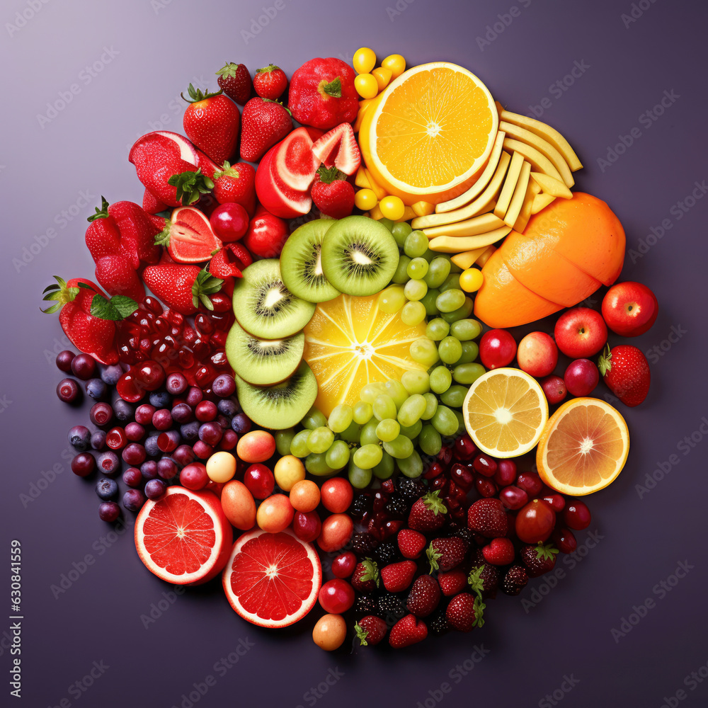 Photo top view of colorful fresh fruits rainbow Photo top view of colorful fresh fruits rainbow