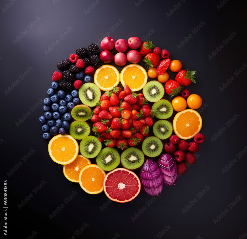 Photo top view of colorful fresh fruits rainbow Photo top view of colorful fresh fruits rainbow