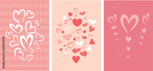 Set of posters with doodle hearts in different shapes on colored background. Hand drawn vector illustration