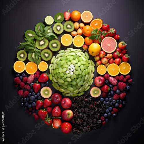 Photo top view of colorful fresh fruits rainbow