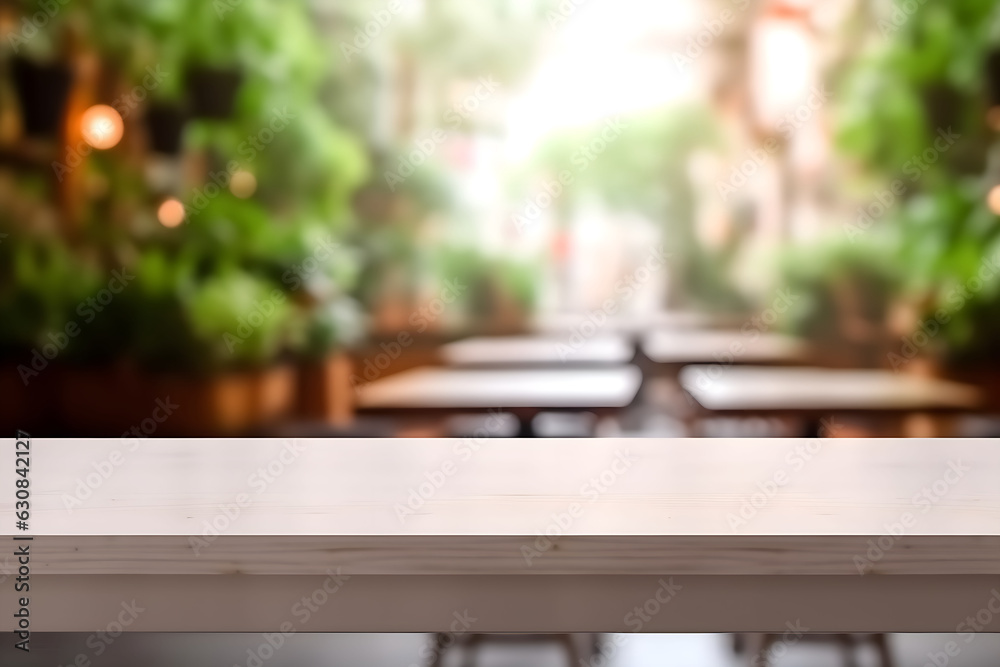 Empty wooden table with defocused restaurant in the background, to place product or advertising