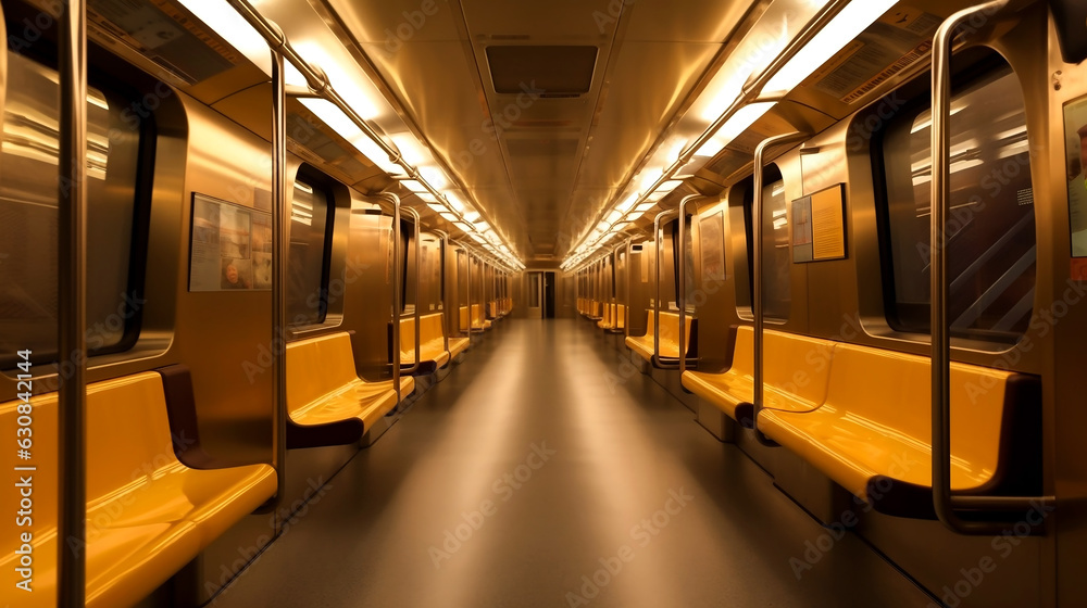 Inside empty subway car, metro car empty interior. Generative AI