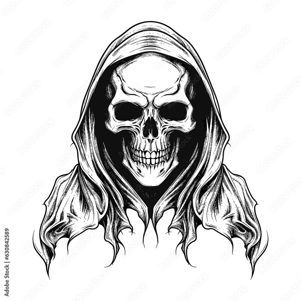 Fototapeta premium Unique Hand Drawn Reaper: Black & White Skull Illustration for Doodle Art & Transparent Background Designs
