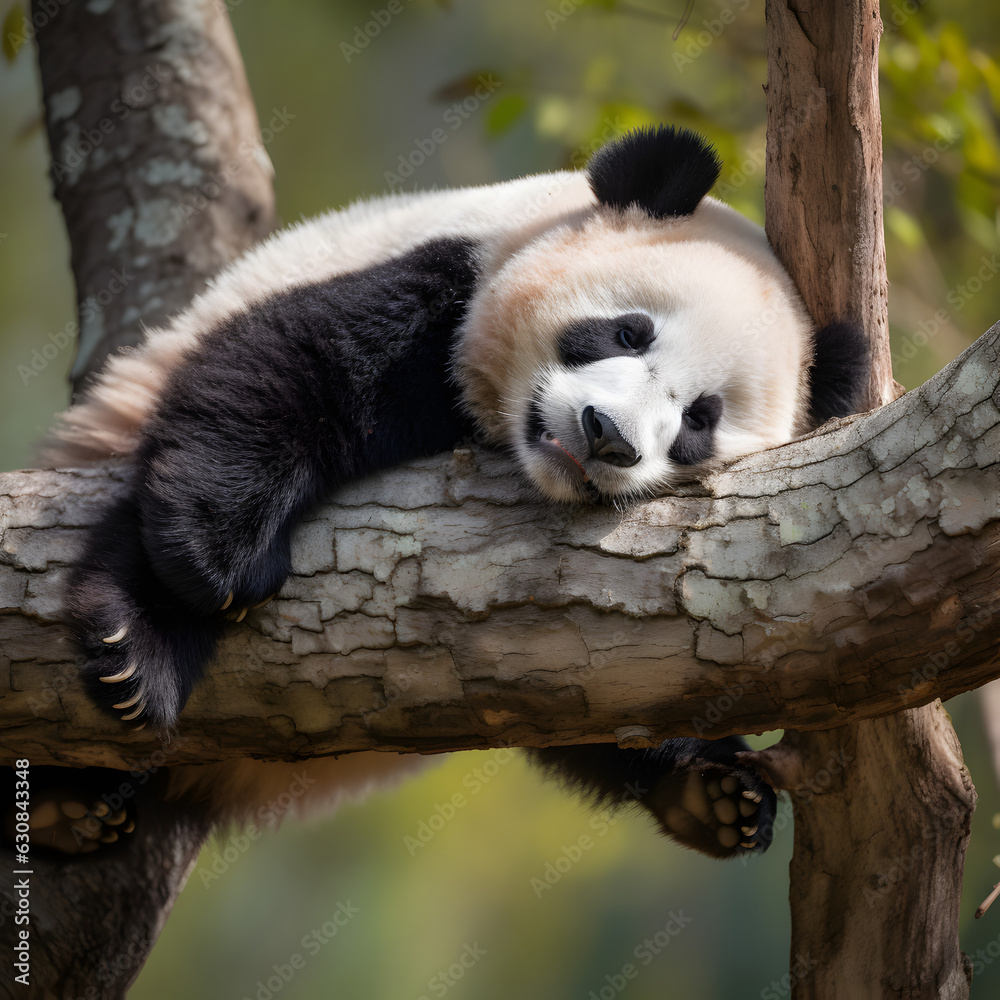 Obraz premium Panda bear sleeping on a tree branch in the wild, generative ai.