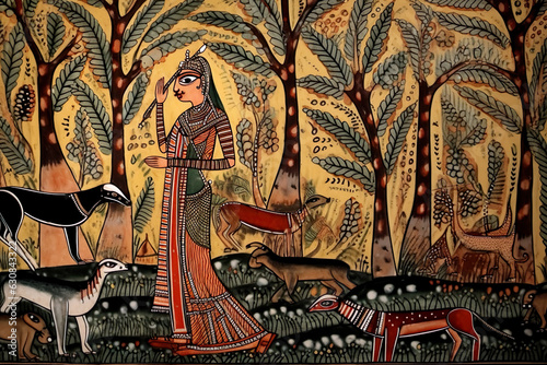 Frau auf der Jagd. Indischer Madhubani-Stil