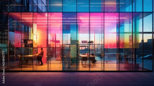 Leinwand Poster modern business background with office building facade with multicolored windows