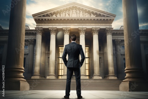 Businessman stands in front of a famous bank building facade, ai tools generated image