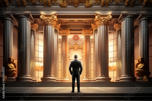 Businessman stands in front of a famous bank building facade, ai tools generated image