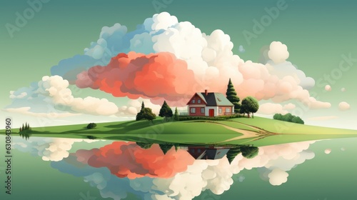 spectacular landscape with a lonely house on a small green island, ai tools generated image photo