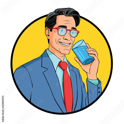 Attractive man is drinking water from a glass. Pop-art style on a white background.